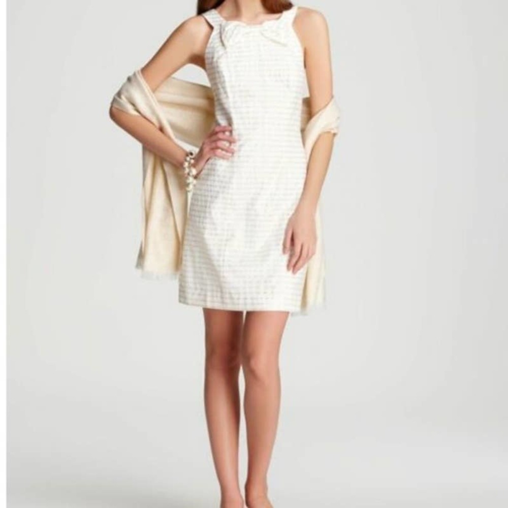 Lilly Pulitzer Henley Dress Gold Metallic Tiny Corded Organza Stripe Size 2